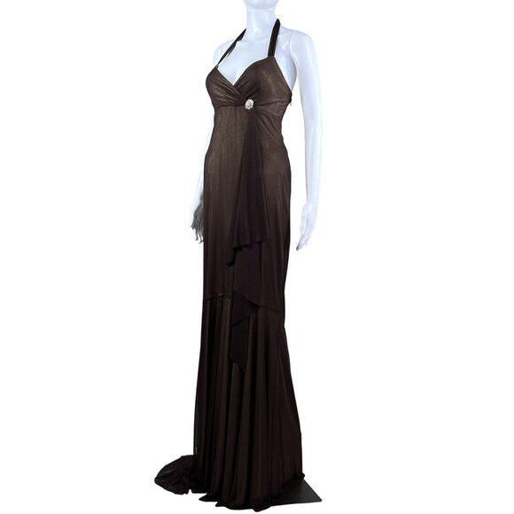 Cache Womens 8 Halter Backless Brown Gold Shimmer Evening Gown Rhinestone Accent - Picture 3 of 16
